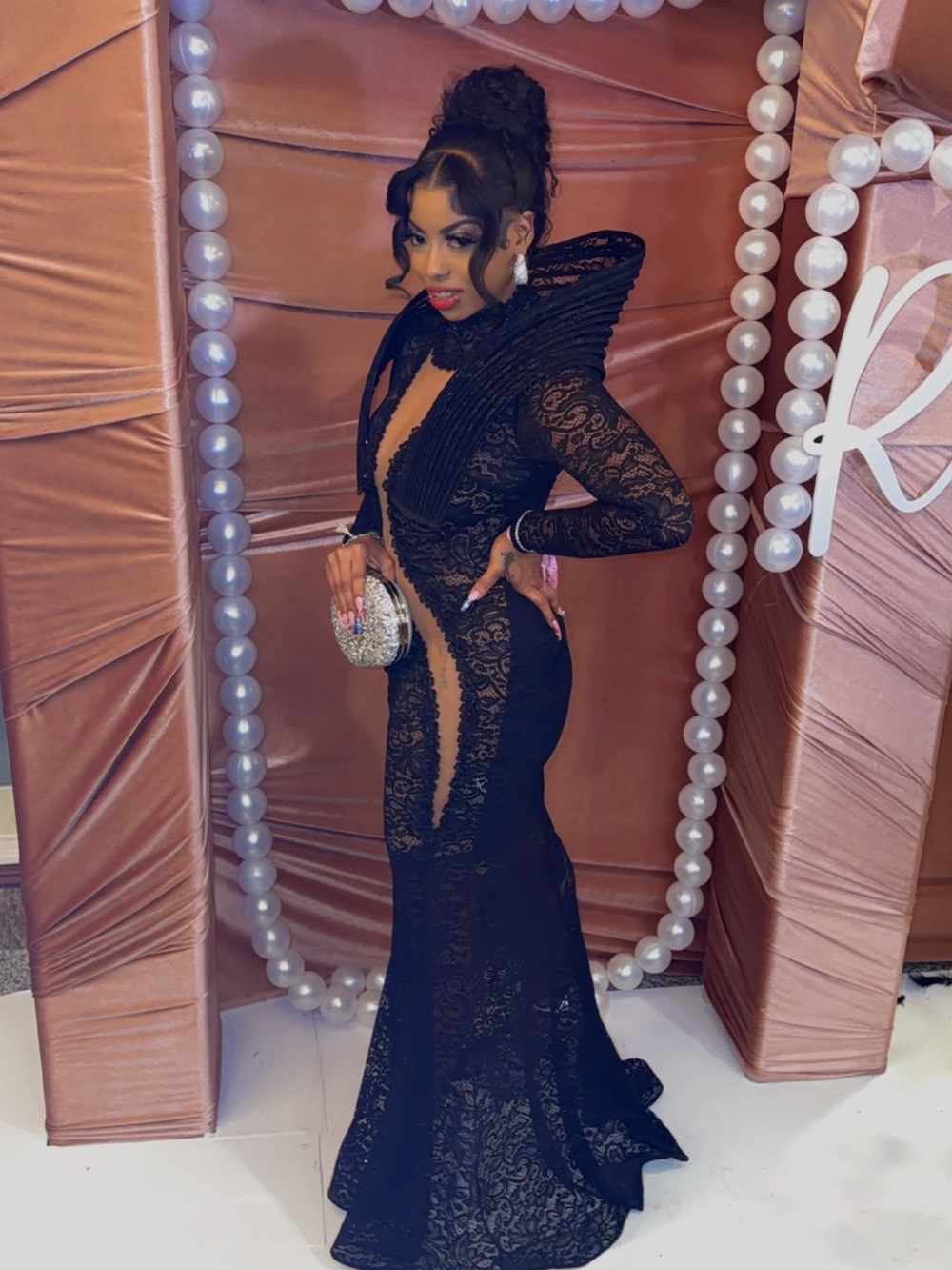 Black Lace Illusion Mermaid Gown with Structured Collar